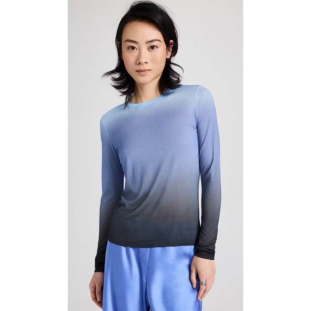 Vince 100% Modal Blue Ombré Dip Dye Long Sleeve Crew Neck Top XL Tee T-Shirt - Picture 10 of 11